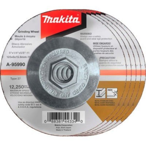 Makita Makita Hubbed INOX Grinding Wheel, 36 Grit, Type 27, 5inDia x 1/4inT x 5/8-11in Ctr HoleDia-25/Pk A-95990-25